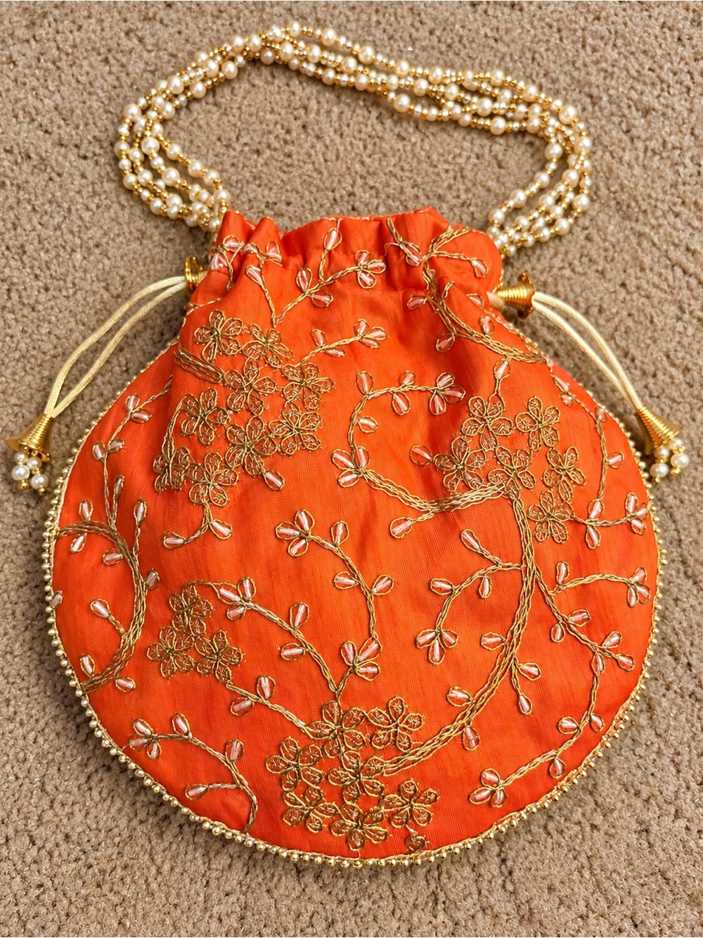 New! Orange & Gold Silk Embroidered Drawstring Potli Bag | Pearl Beaded Strap